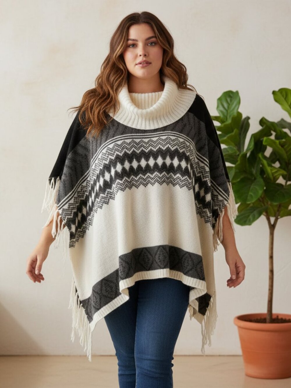 Lane Bryant Poncho Sweater Gray Cream Cowl Neck OS Fringe Boho Tribal Cozy
